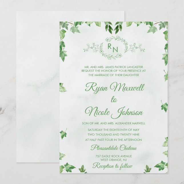 Klassisk formell blomstergrön monogram bröllop inbjudningar (Fram/baksida)