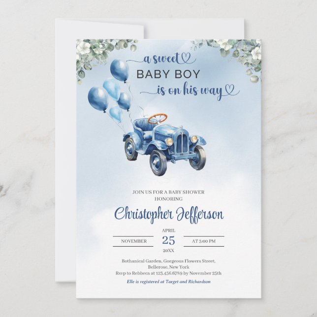 Klassisk fotbil leksak eukalyptus Baby Shower Inbjudningar (Framsida)