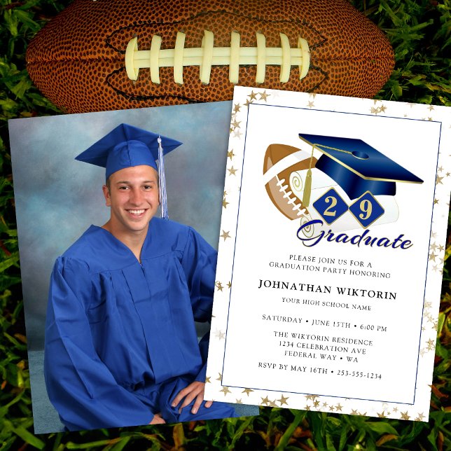 Klassisk fotboll för Studentmössa Blue Guld Inbjudningar (Classic Graduation Cap Blue Gold Football Photo Invitation)