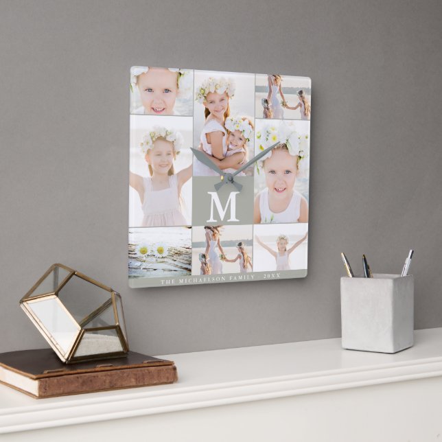 Klassisk fotokollage med Monogram och Namn Fyrkantig Klocka (Kontor)