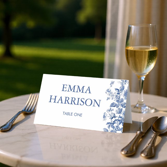 Klassisk fransk blå Toile vigsel bröllopsvikta Placeringskort (Classic French Blue Toile Wedding Folded Place Card)