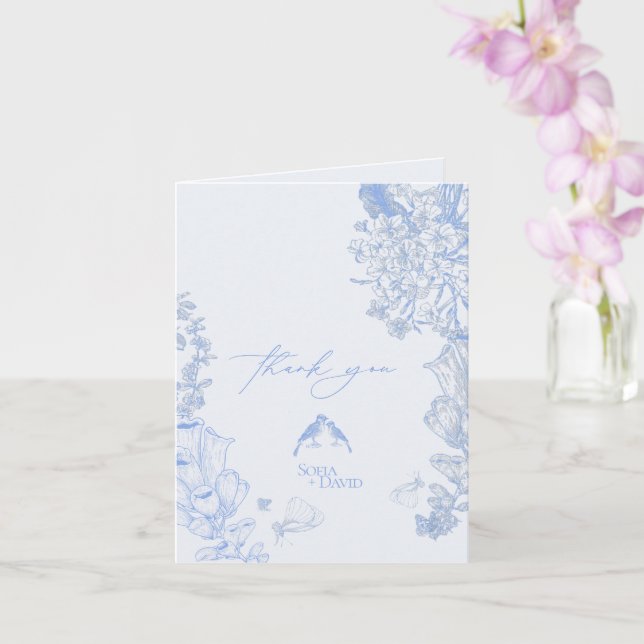Klassisk fransk blå vit blomsterbröllop tack kort (Orkide)