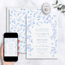 Klassisk Fransk Blue Blommigt Botanical Bröllop Inbjudningar