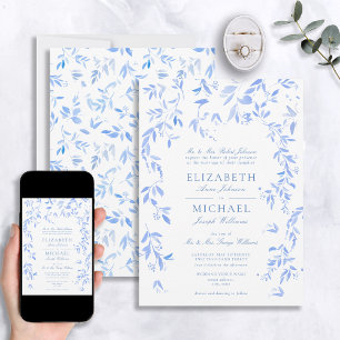 Klassisk Fransk Blue Blommigt Botanical Bröllop Inbjudningar