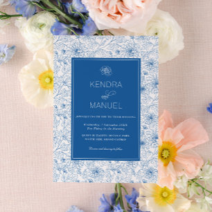 Klassisk Fransk Blue Blommigt Toile Bröllop Inbjudningar