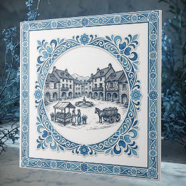 Klassisk fransk Cottagecore Toile Blå Botaniska Kakelplatta
