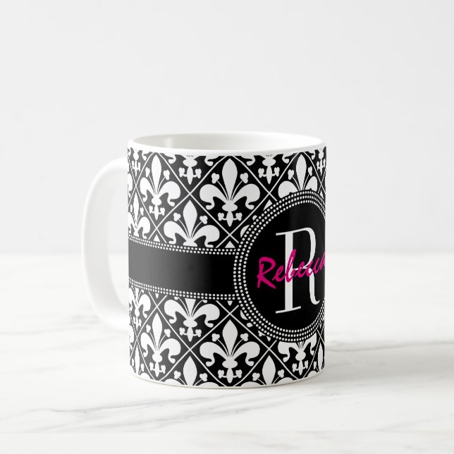 Klassisk Fransk Fleur de Lis Namn och Monogram Kaffemugg (Framsida vänster)