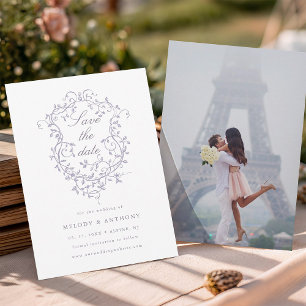 Klassisk fransk lavendelblommig krans bröllopsfoto spara datumet