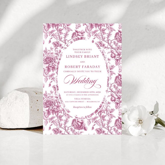 Klassisk fransk Toile Rosor Rosa Bröllopsinbjudan Inbjudningar (Classic French Toile Roses Pink Wedding Invitation)