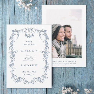 Klassisk Fransk Viktorian Blue Blommigt Bröllop Ph Spara Datumet