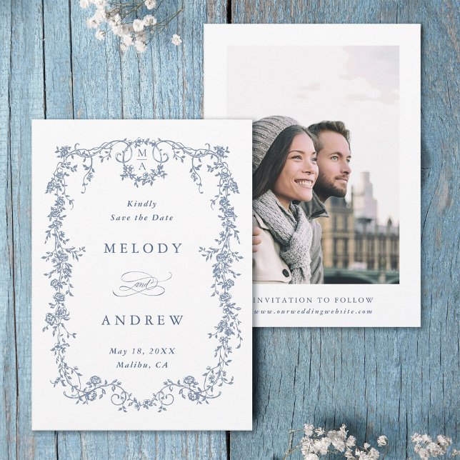 Klassisk Fransk Viktorian Blue Blommigt Bröllop Ph Spara Datumet (Front & Back)