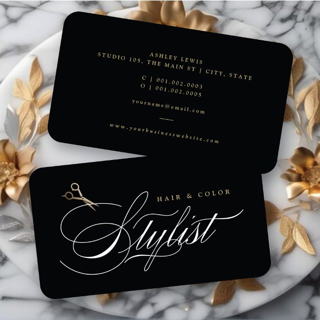 Klassisk frisör kalligrafi guld saxar visitkort (Classic Hair Stylist Calligraphy Gold Scissors Business Card @ fatfatin)