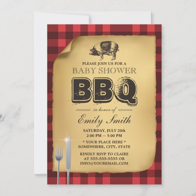 Klassisk Gingham Gris Roast BBQ Baby Shower Inbjudningar (Framsida)