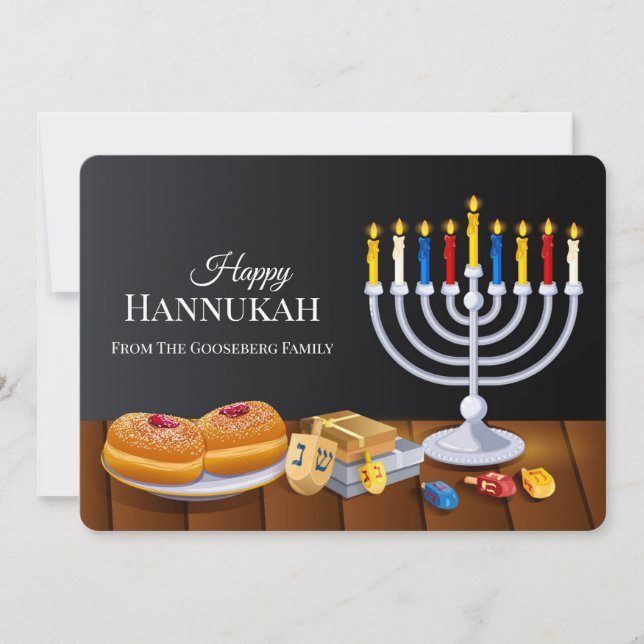 Klassisk Glad Hanukkah Menorah Sufganiyot Snurra D Julkort (Framsida)