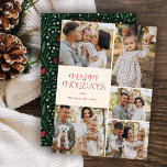 Klassisk Glad helg Collage Blommigt | Elfenbenskus Julkort<br><div class="desc">Dessa vackra julkort har fem fotomallar,  elegantens moderna typografi,  "Glad helg" och ett blommönster i hand plockade på baksidan i klassisk färg av rött,  grönt och elfenben över mörk grönt bakgrund. Enkel att anpassa för vackra helgdagskort som wower hela din familj och dina vänner.</div>