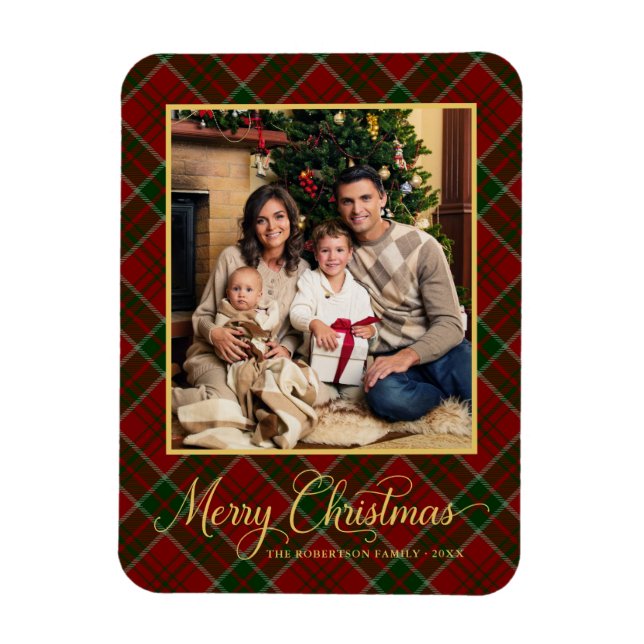 Klassisk Glad Jul Röd Rutig Foto Magnet (Vertikal)
