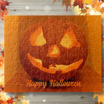 Klassisk Glowing Carved Pumpkin Pussel<br><div class="desc">Halloween-pusslet är redot för dig att anpassa dig med din egen textrubrik om du vill.. Skapat med ett foto av en klassisk slipad jack'o'lantern-pumpa i levande orange och gult färg.</div>