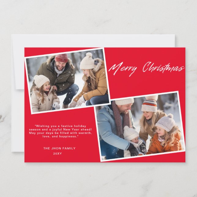 Klassisk God jul-familj två foto-Chic röd Julkort (Framsida)