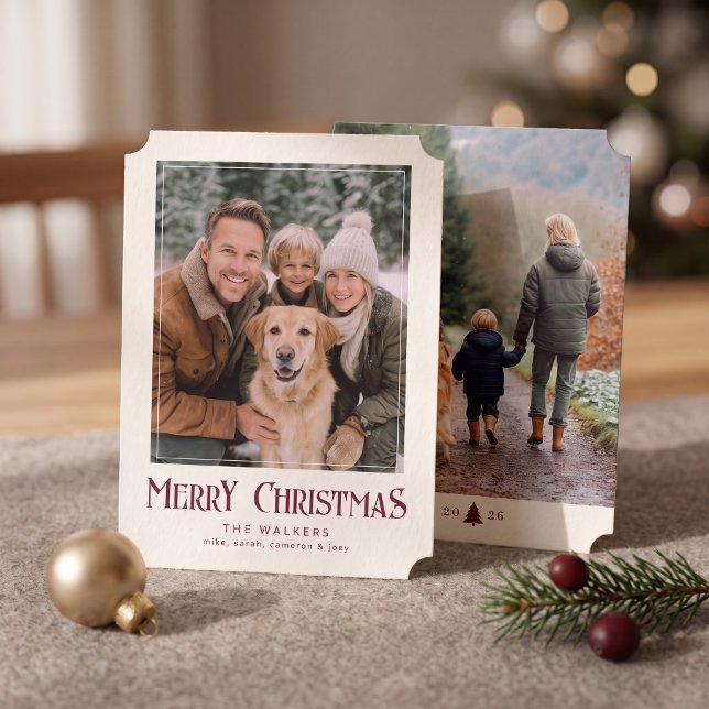 Klassisk God Jul Foto - Kräm & Burgunder Julkort (Simulated cards on table)