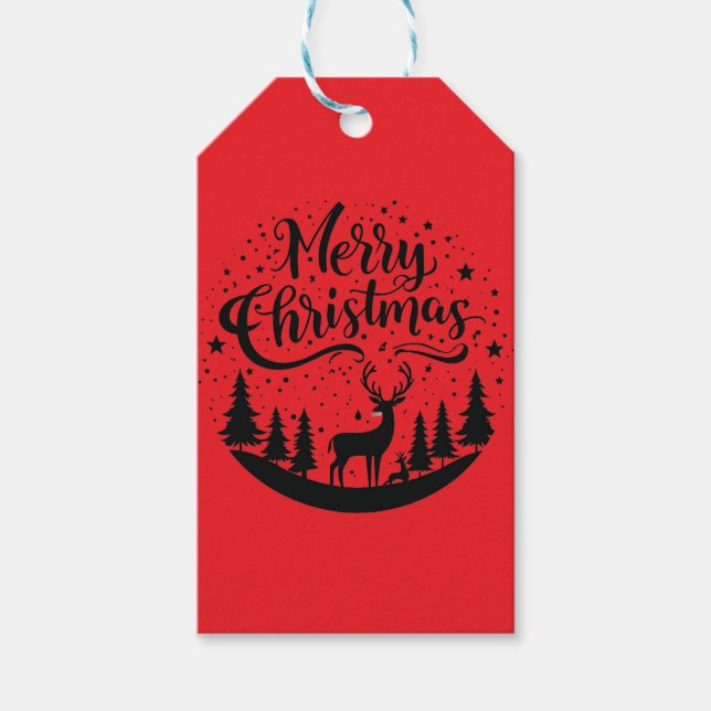 Klassisk God jul Hjort och Träd Design Art Presentetikett (Framsidan)