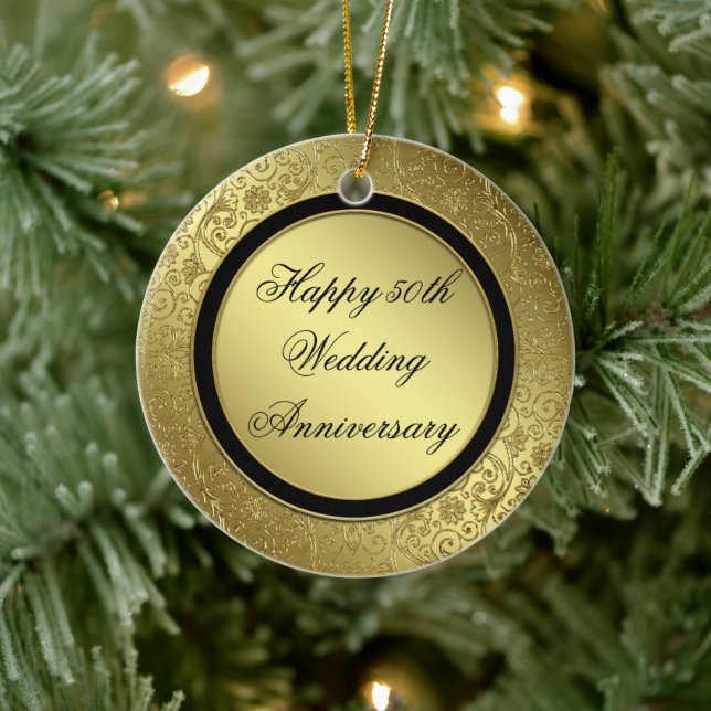 Klassisk Golden Bröllop-årsjubileum runt ornament (Träd)