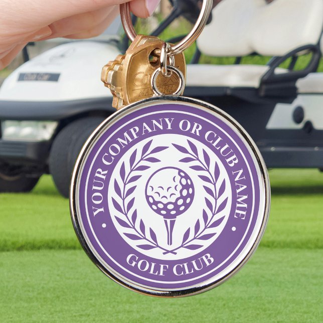 Klassisk golfnyckelring med eget namn lila rund silverfärgad nyckelring (Skapare uppladdad)