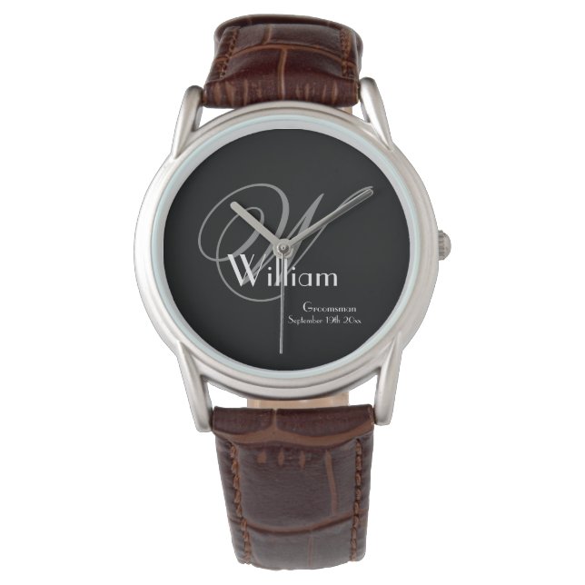 Klassisk Grå Monogram, Vit på Svart Bröllopsgäst Armbandsur (Framsida)