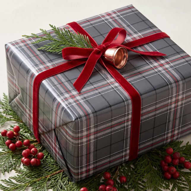 Klassisk grå röd randig jul tartan rutig presentpapper (Classic Grey Red Stripe Christmas Tartan Plaid Wrapping Paper)