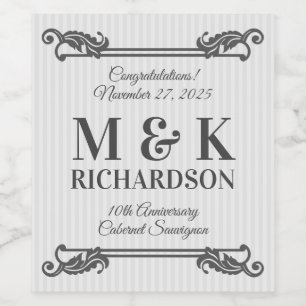 Klassisk Grått Acanthus Löv Monogram Elegant Rand Vinflaska Etikett