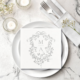 Klassisk Grått Blommigt Vapensköld Monogram Bröllo Pappersservett