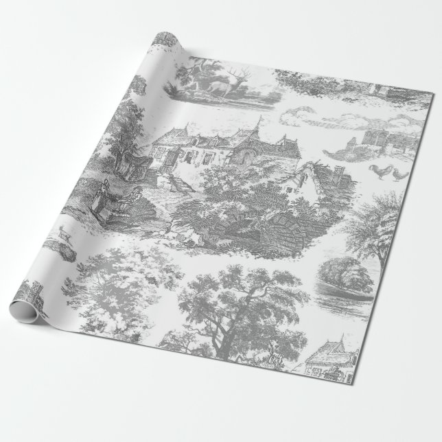 Klassisk Grått Vintage Fransk Land Toile Presentpapper (Utrullad)