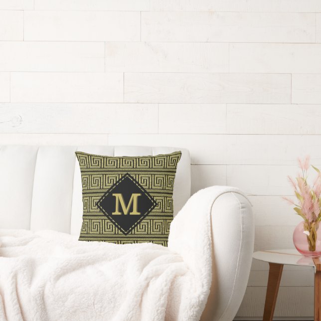 Klassisk grekisk nyckeldesign i guld och svart kudde (Soffa)