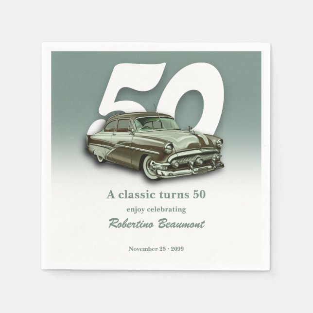 Klassisk grön bil firar 50-årsdag pappersservett (Framsidan)