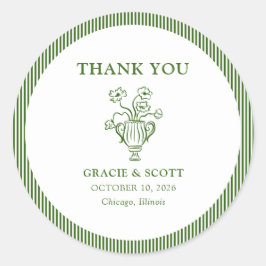 Klassisk grön blommig randig bröllop tackkort runt klistermärke