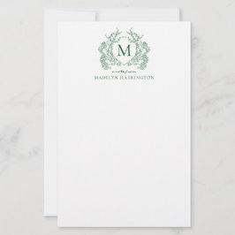 Klassisk grön blomster vintage vapen monogram brevpapper