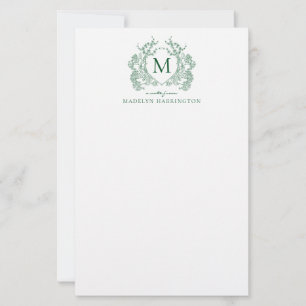 Klassisk grön blomster vintage vapen monogram brevpapper
