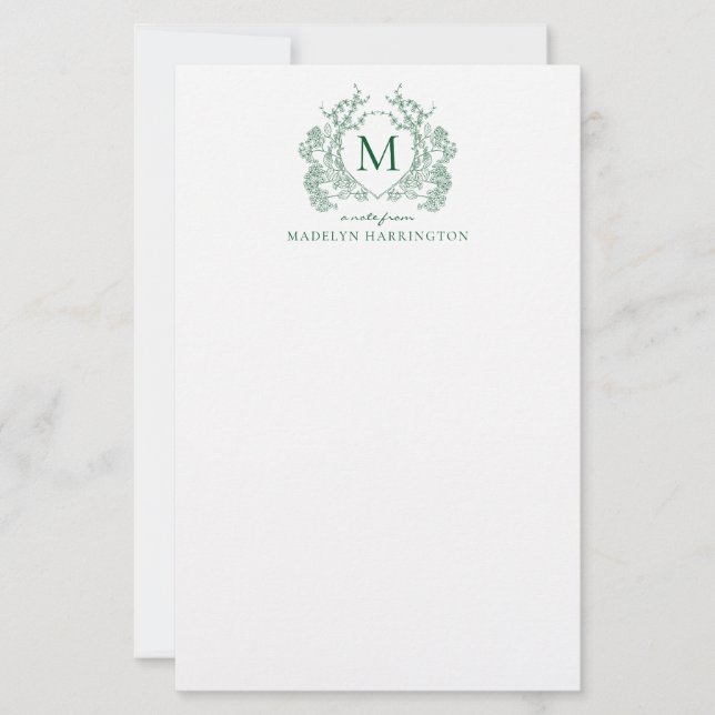 Klassisk grön blomster vintage vapen monogram brevpapper (Framsida)