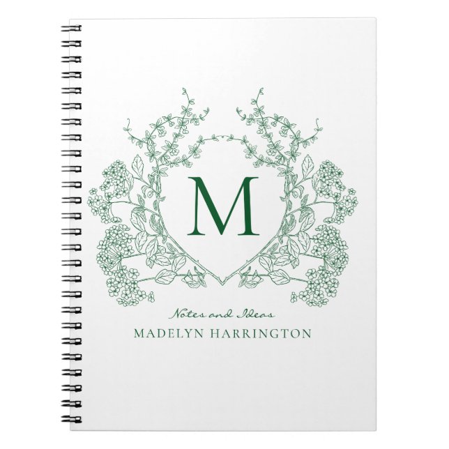 Klassisk grön blomsterkrone monogram anteckningsbo anteckningsbok (Framsidan)