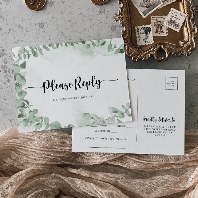 Klassisk grön eukalyptusblad meny val RSVP  (Skapare uppladdad)