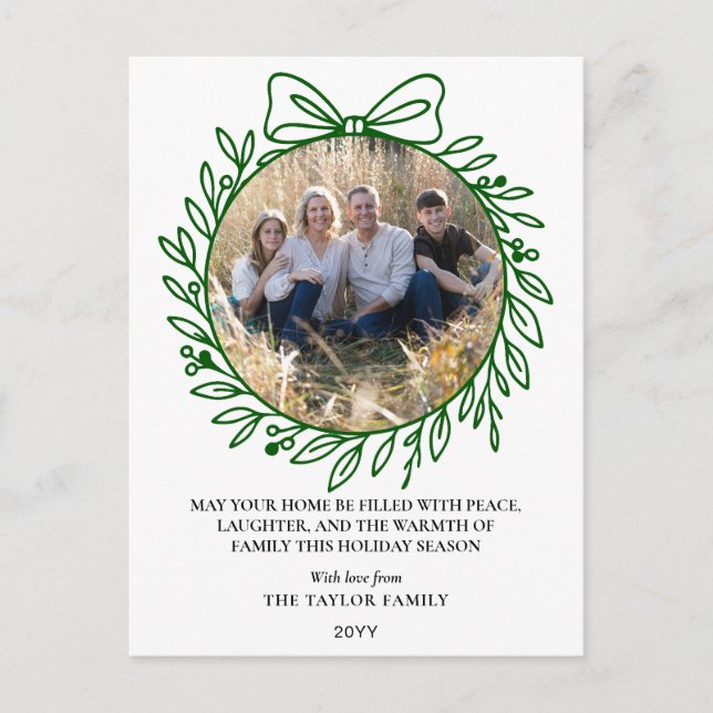 Klassisk grön handritad båge krans jul helg vykort (Framsida)