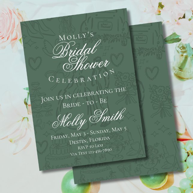 Klassisk grön handritad bröllopsbrudskväll inbjudningar (Classic Wedding Sketch Art invite with modern font – perfect for engagement or bridal celebrations!)