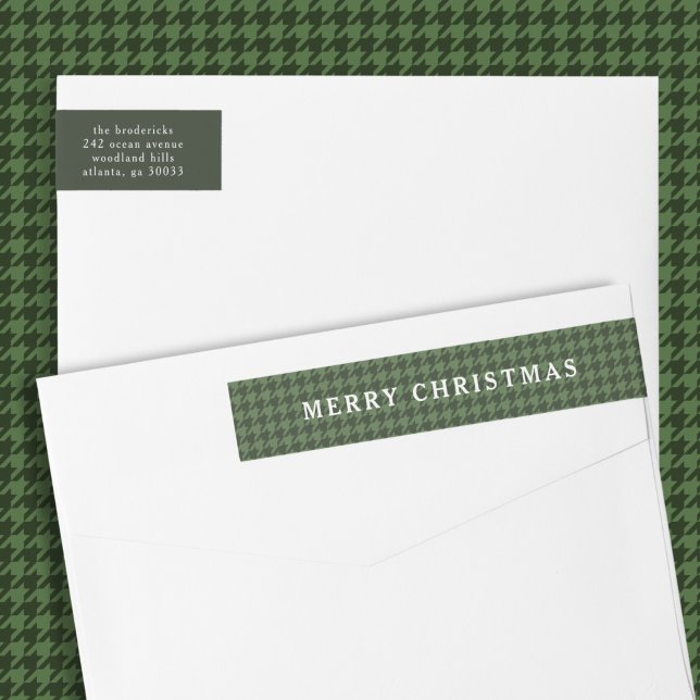 Klassisk grön hundtandsrandig God Jul  Etikettband (classic, timeless Merry Christmas address label with green houndstooth pattern)