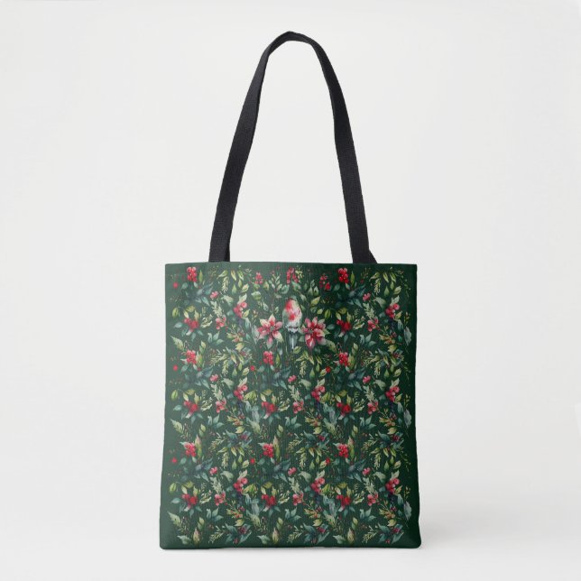 Klassisk Grön Jul Fågel Botanisk Röd Högtid Tygkasse (Framsida)