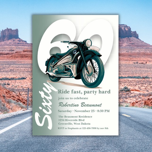 Klassisk grön motorcykel Åk fort 60-årsdag Inbjudningar (Skapare uppladdad)