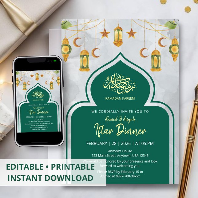 Klassisk grön och guld islamisk Iftar-middag Inbjudningar (Skapare uppladdad)