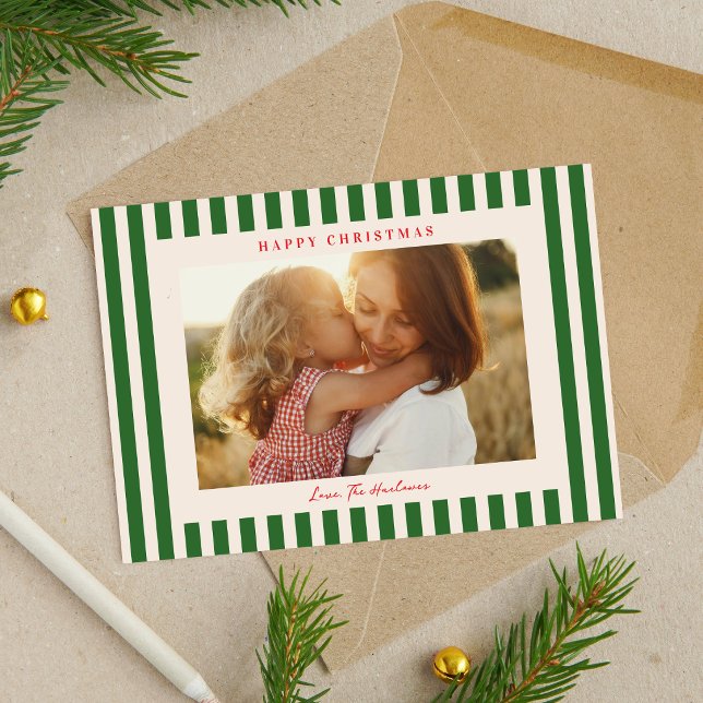 Klassisk grön rand jul firande foto julkort (Classic Green Stripe Photo Christmas Holiday Card)