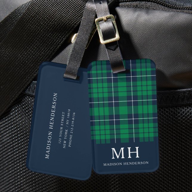 Klassisk grön rutig monogram bagagebricka (Classic Green Plaid Monogram Luggage Tag)