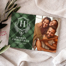 Klassisk grön rutig monogram julfoto