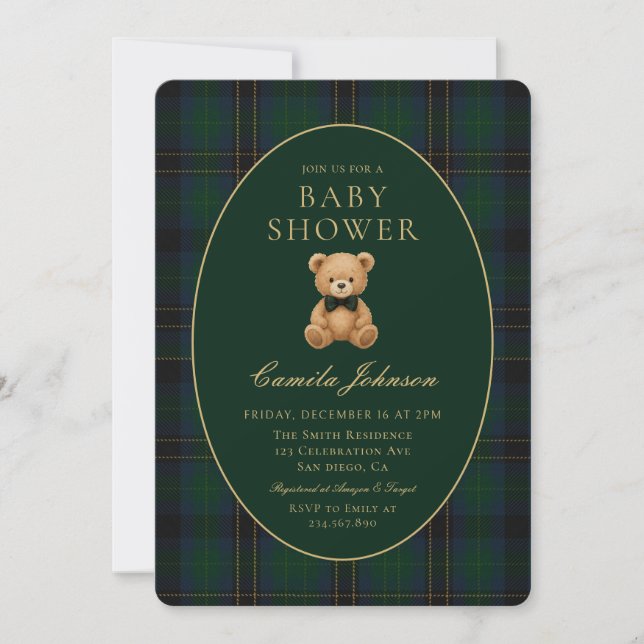 Klassisk grön rutig teddybjörn bebisshower inbjudningar (Framsida)