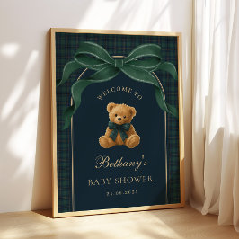 Klassisk grön rutig teddybjörn bebisshower-välkoms poster